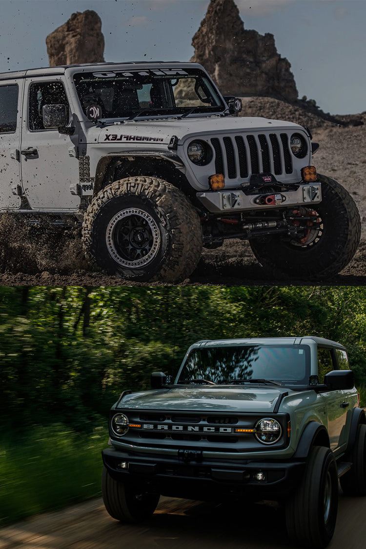 A split-screen comparison showing two off-road vehicles. The top half shows a white Jeep Wrangler with 'XJ CHALLENGER' decals driving through mud with rock formations in the background.